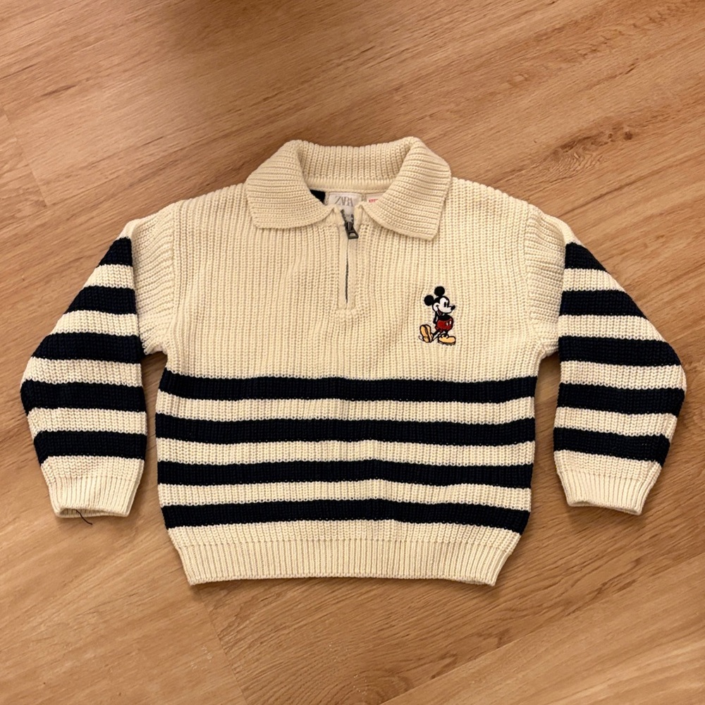Zara Striped Half-Zip Sweater with Embroidered Mickey Mouse